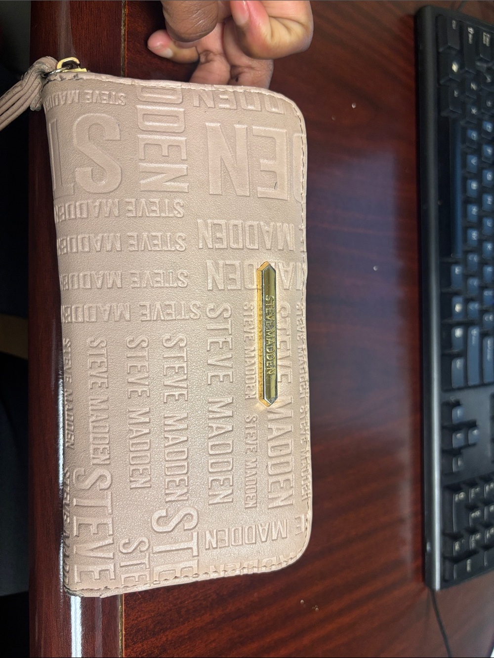 Steve Madden Embossed Logo Zip Wallet in Beige with Gold Accent